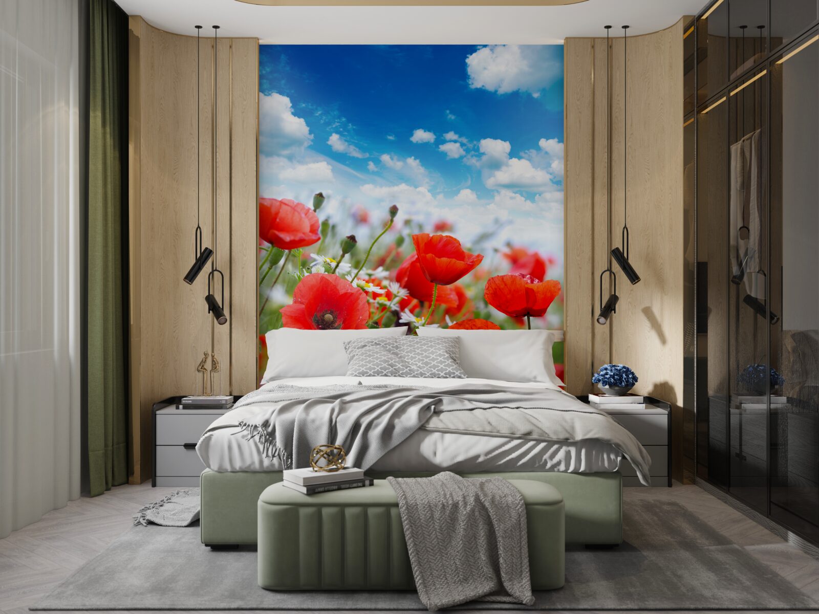 Papier peint une prairie parsemée de coquelicots rouges et de marguerites blanches