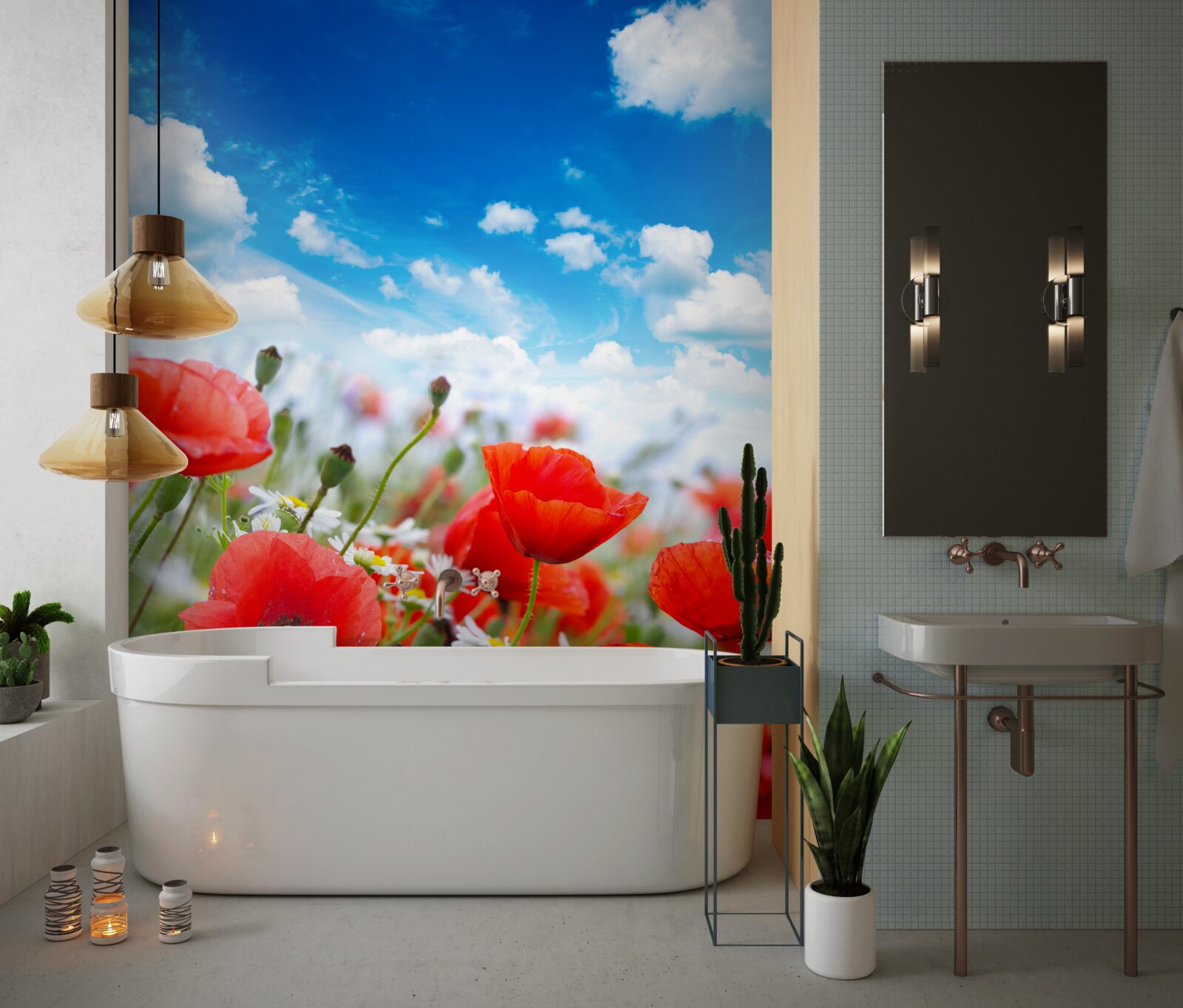 Papier peint une prairie parsemée de coquelicots rouges et de marguerites blanches