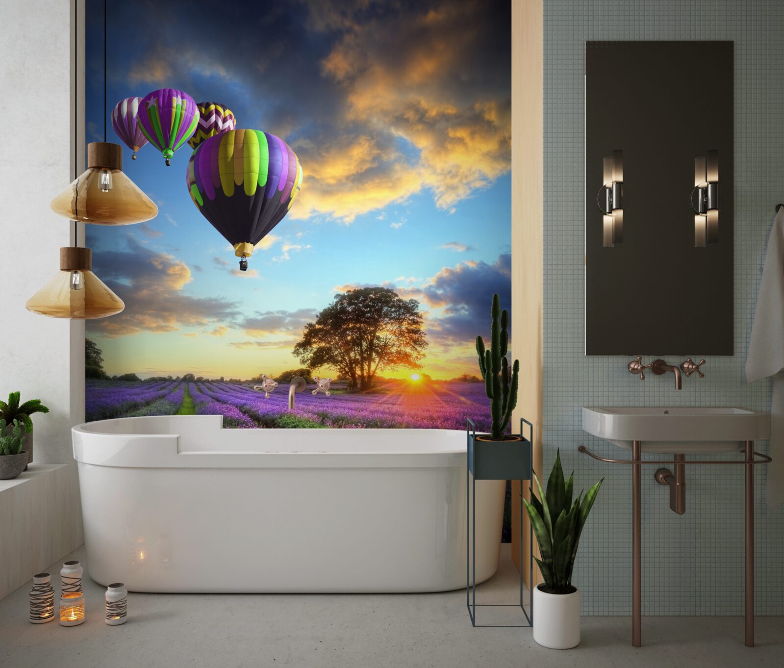 Papier peint une montgolfière lumineuse en vol stationnaire au-dessus d'un champ de lavande
