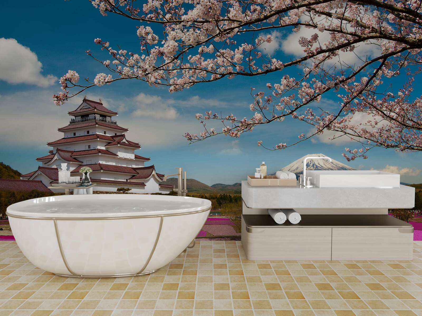 Papier peint près de la maison japonaise se trouvent des jardins luxuriants de tulipes