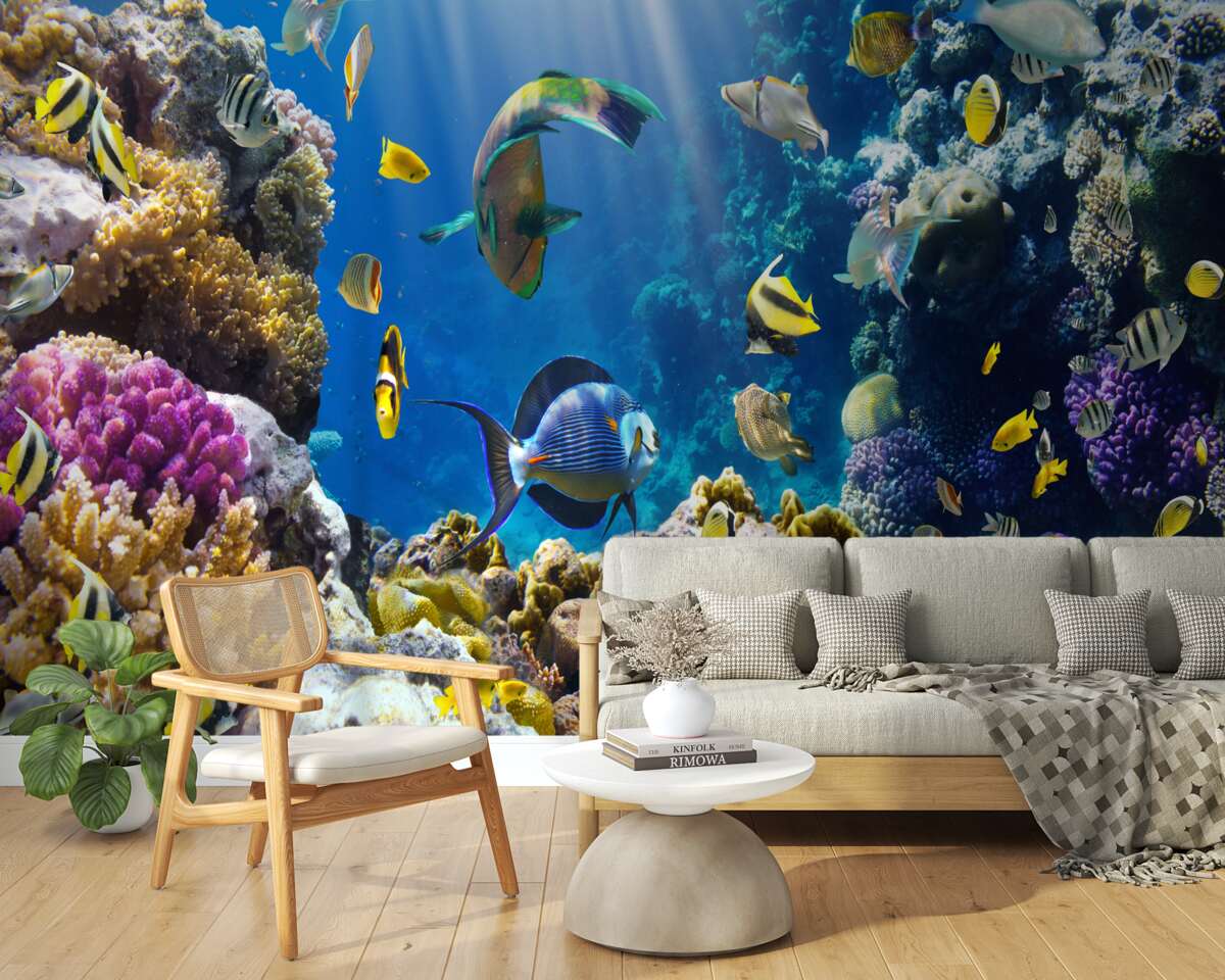 Papier peint des poissons brillants et des plantes sous-marines