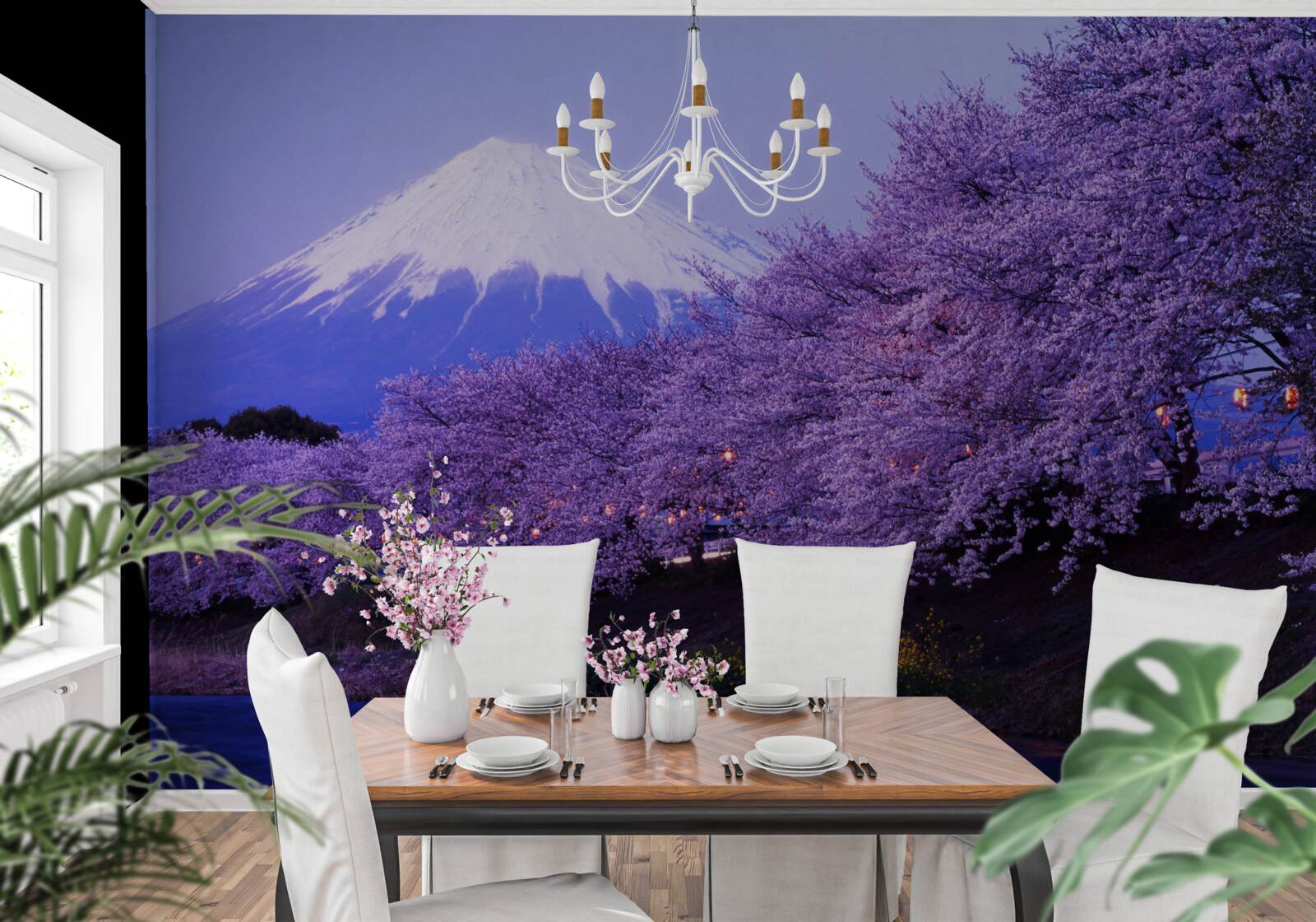 Papier peint arbres avec des fleurs violettes sur fond de Mt. fuji