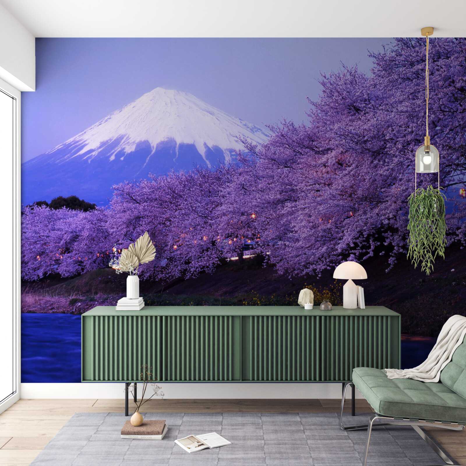 Papier peint arbres avec des fleurs violettes sur fond de Mt. fuji
