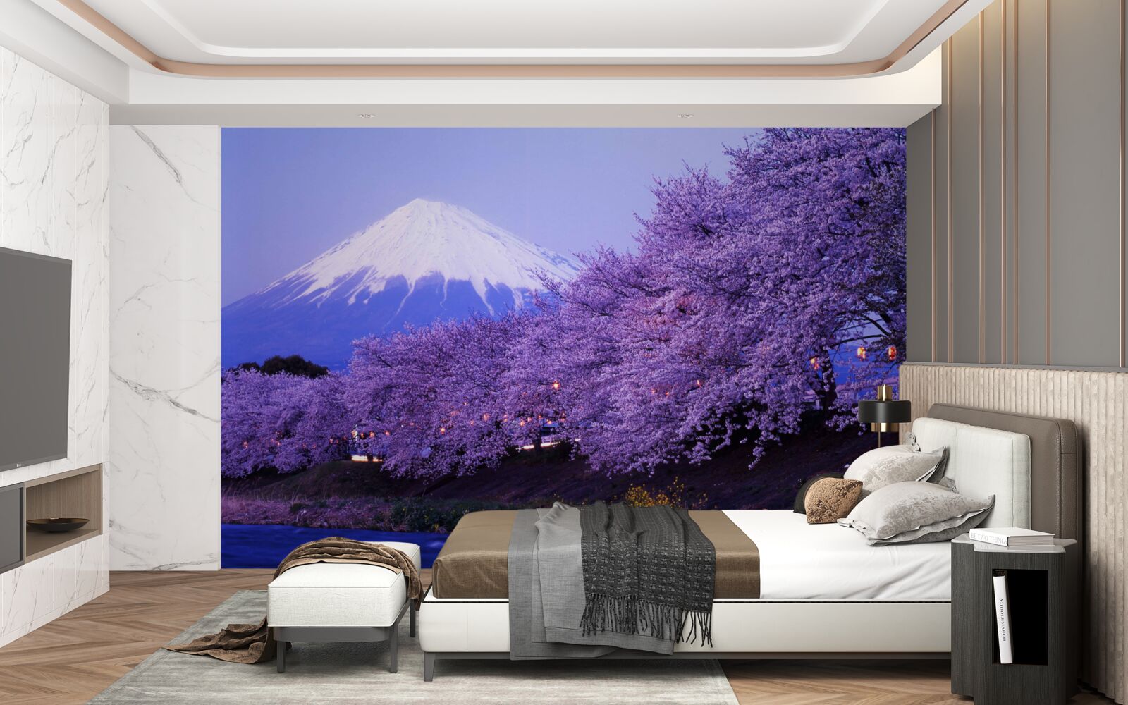Papier peint arbres avec des fleurs violettes sur fond de Mt. fuji