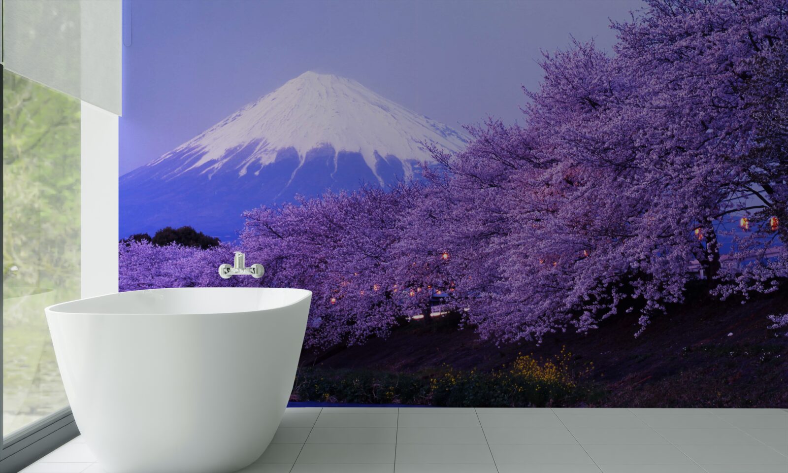 Papier peint arbres avec des fleurs violettes sur fond de Mt. fuji