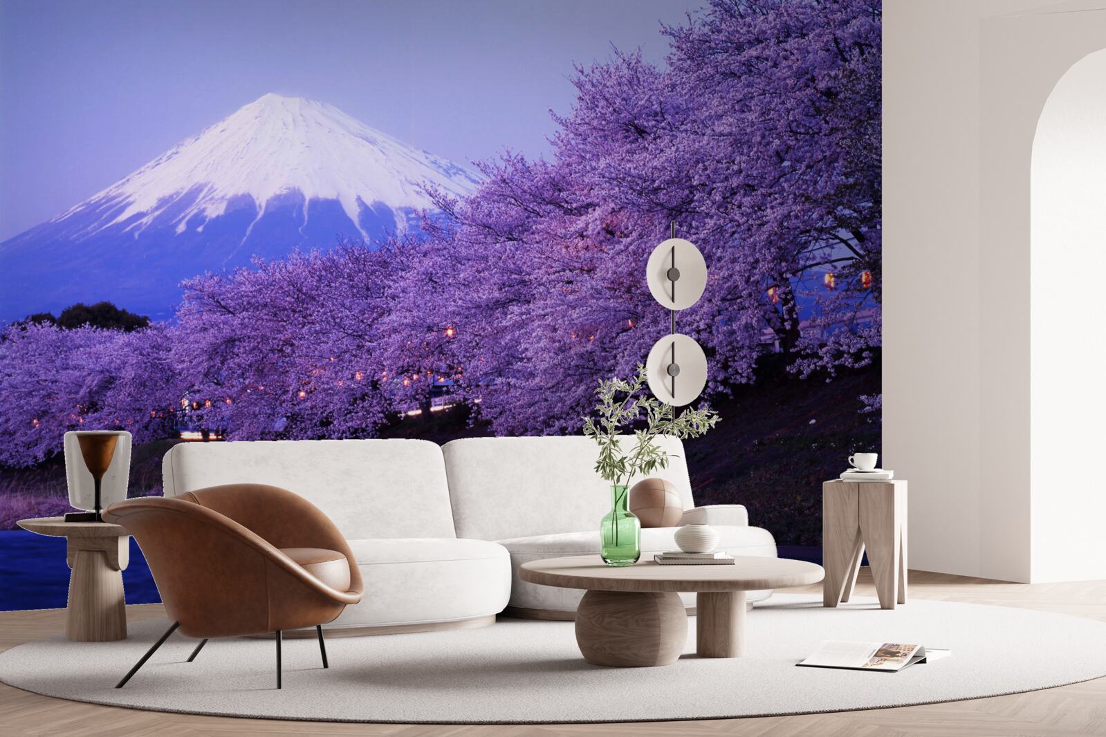 Papier peint arbres avec des fleurs violettes sur fond de Mt. fuji