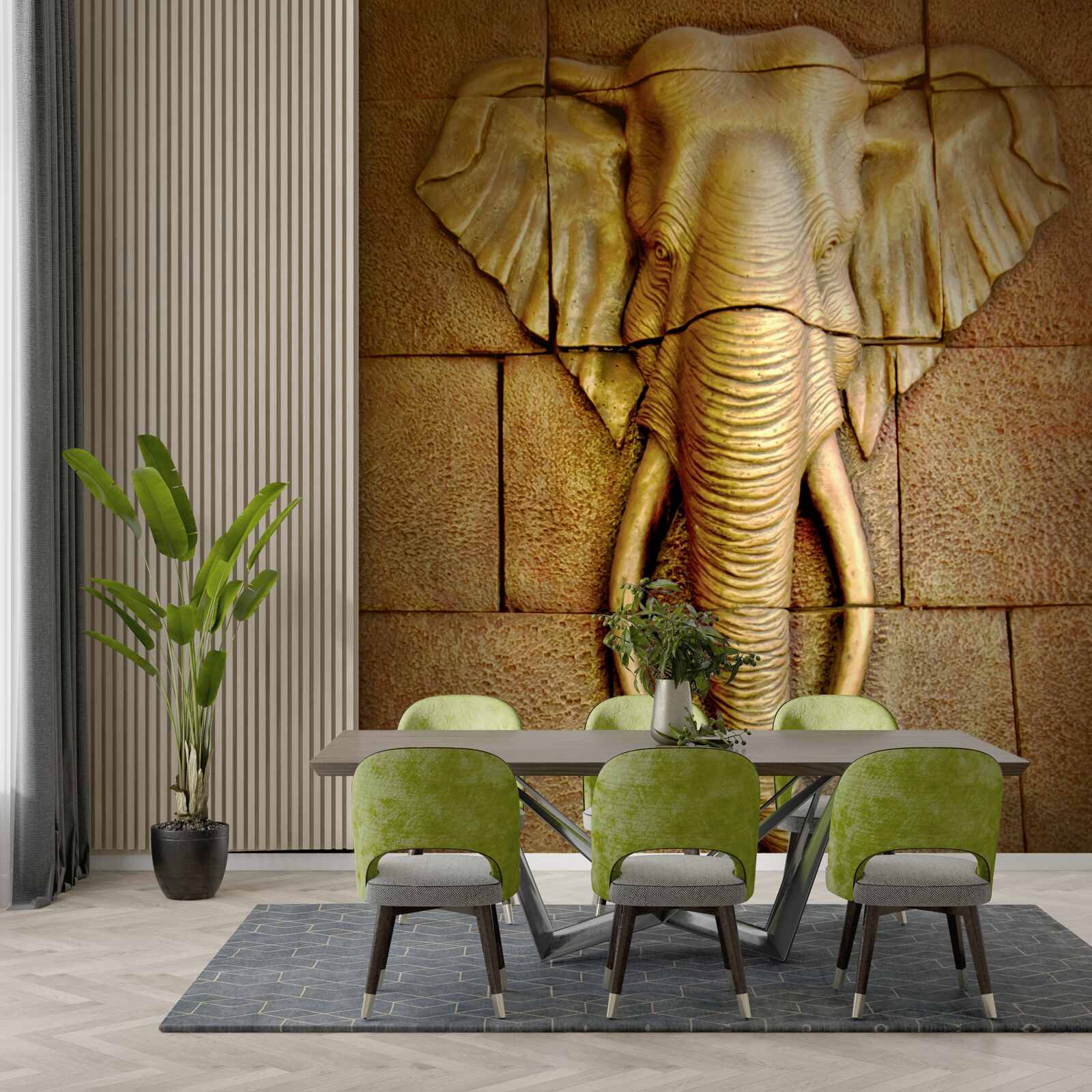 Papier peint image d'un éléphant avec des défenses sur une surface en pierre