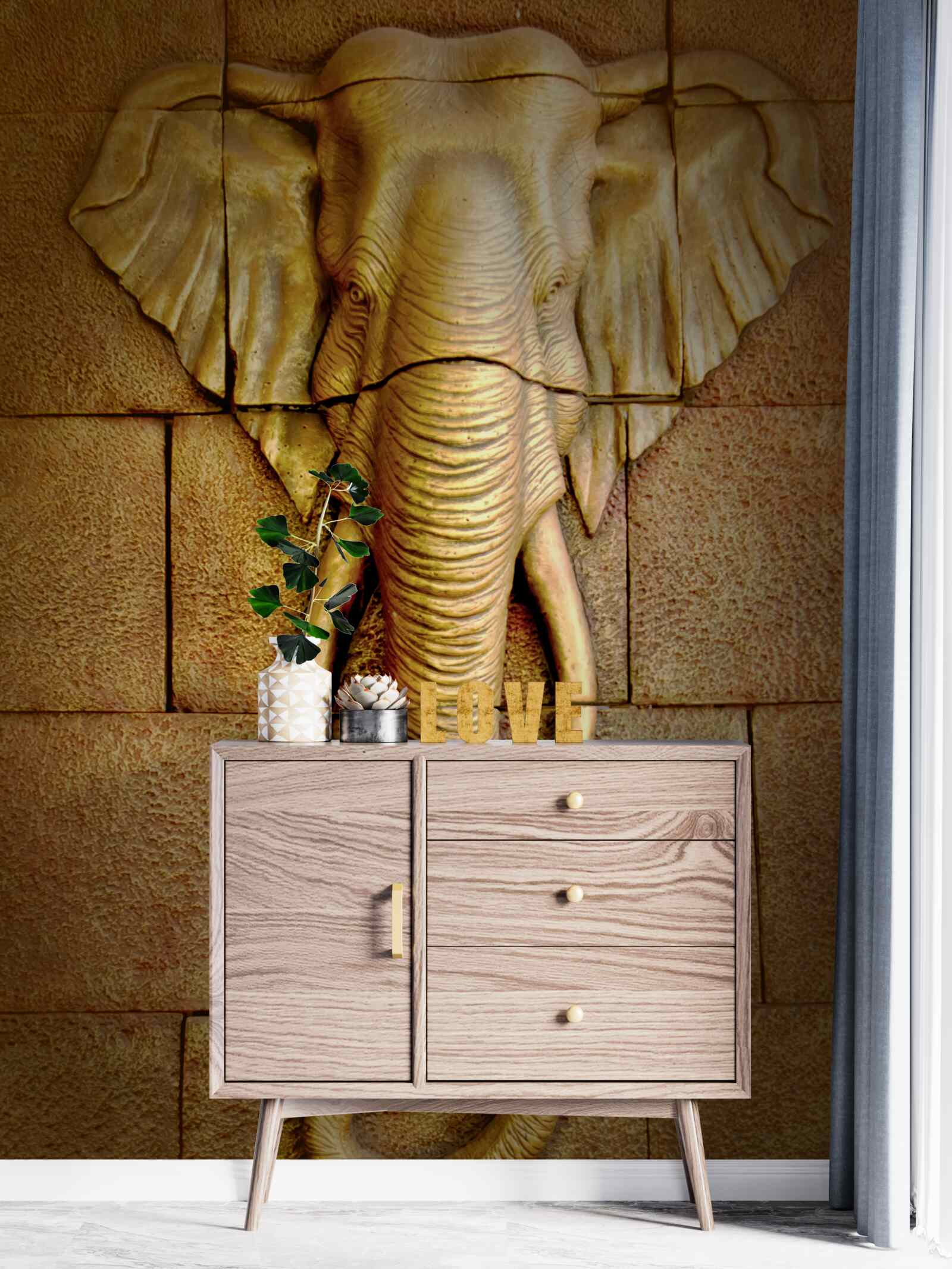 Papier peint image d'un éléphant avec des défenses sur une surface en pierre