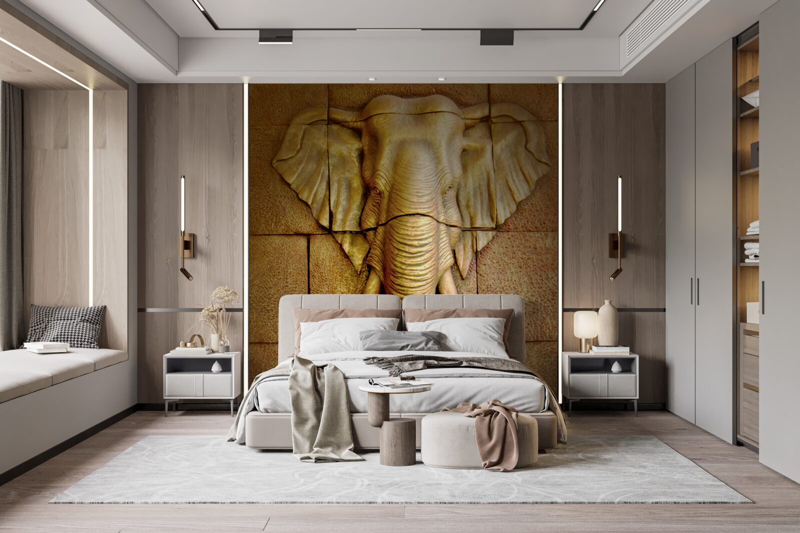 Papier peint image d'un éléphant avec des défenses sur une surface en pierre