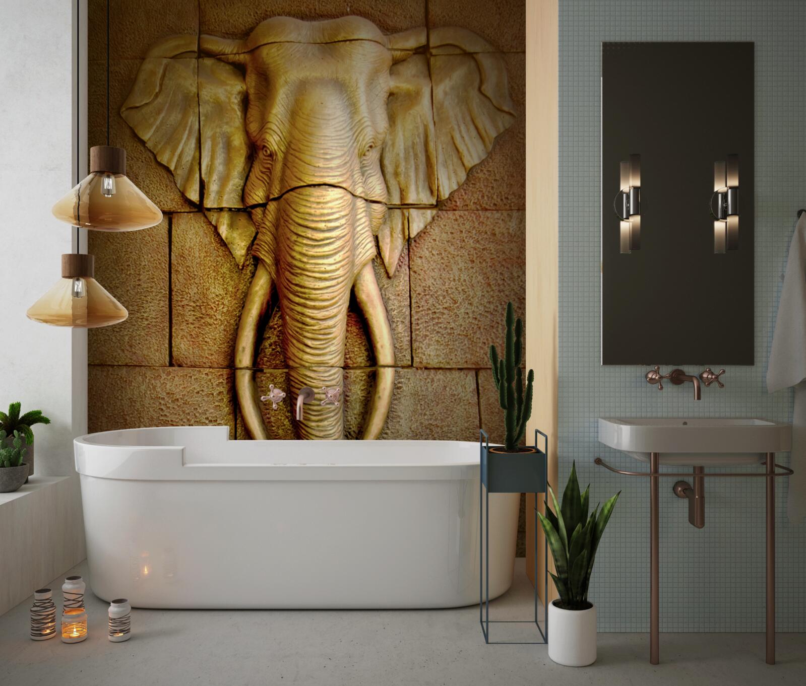 Papier peint image d'un éléphant avec des défenses sur une surface en pierre