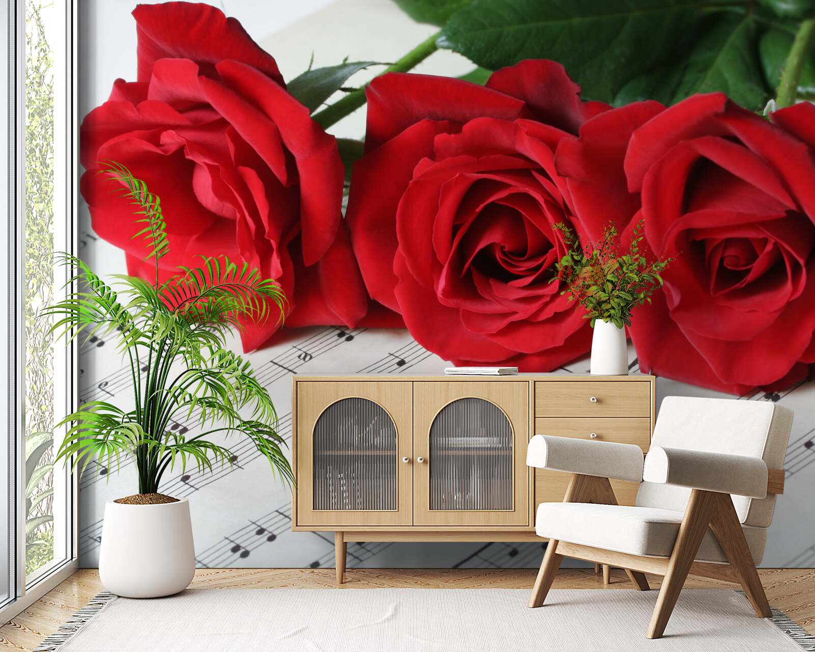 Papier peint trois roses écarlates sur des pages avec des notes