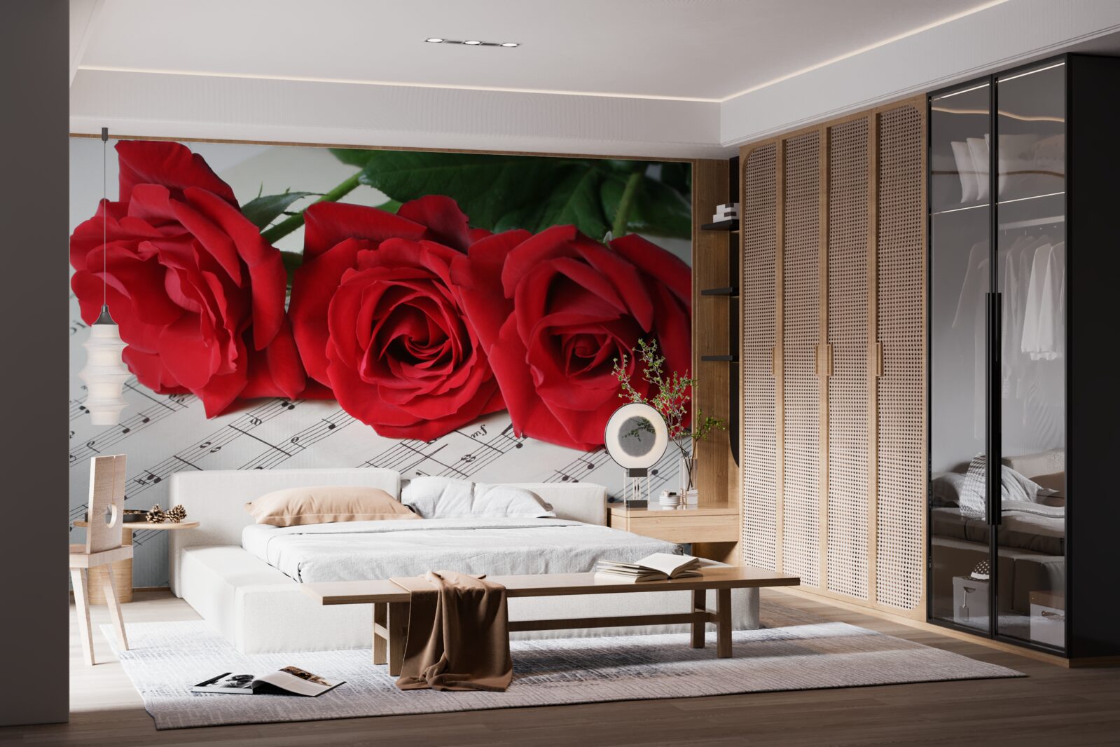 Papier peint trois roses écarlates sur des pages avec des notes