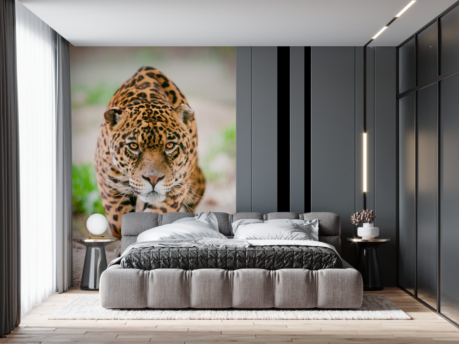 Papier peint un léopard à l'affût aux yeux d'ambre