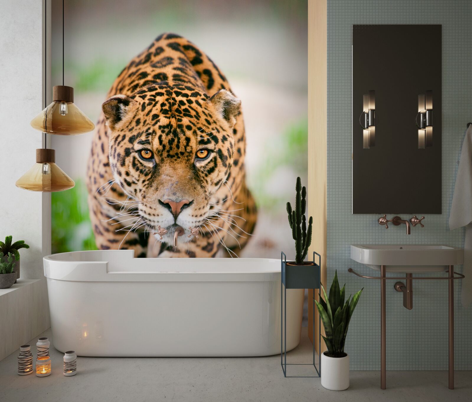 Papier peint un léopard à l'affût aux yeux d'ambre