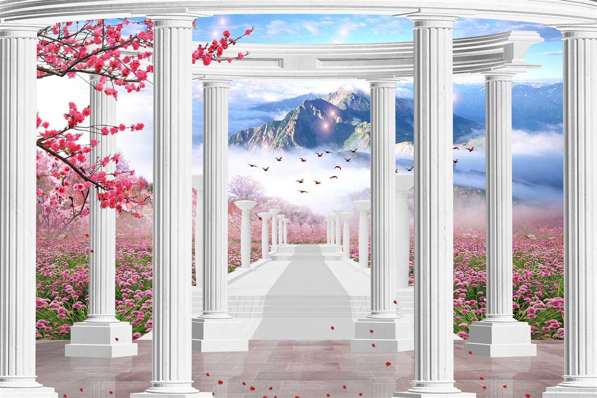 Papier peint jardin fleuri et belvédère blanc neige