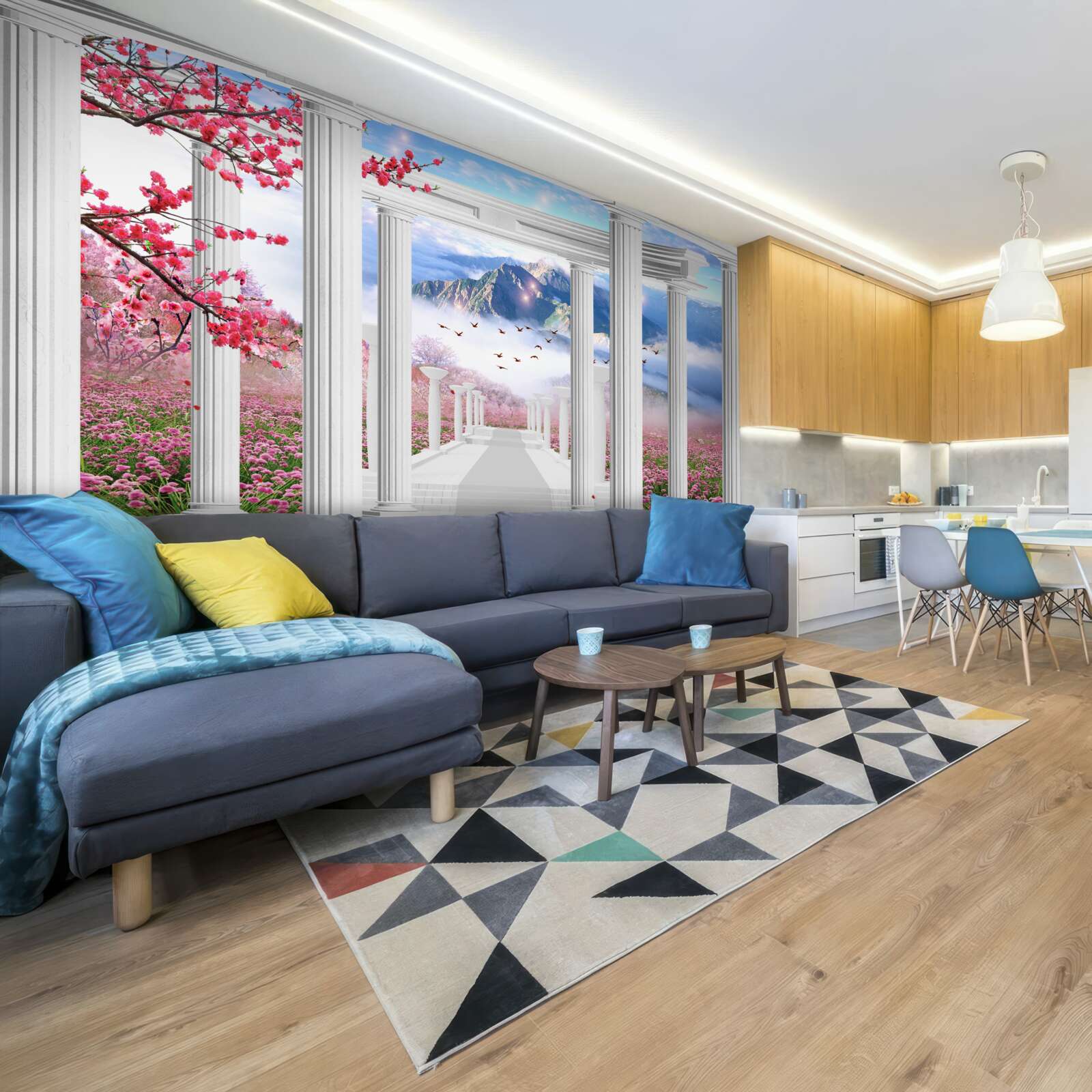 Papier peint jardin fleuri et belvédère blanc neige