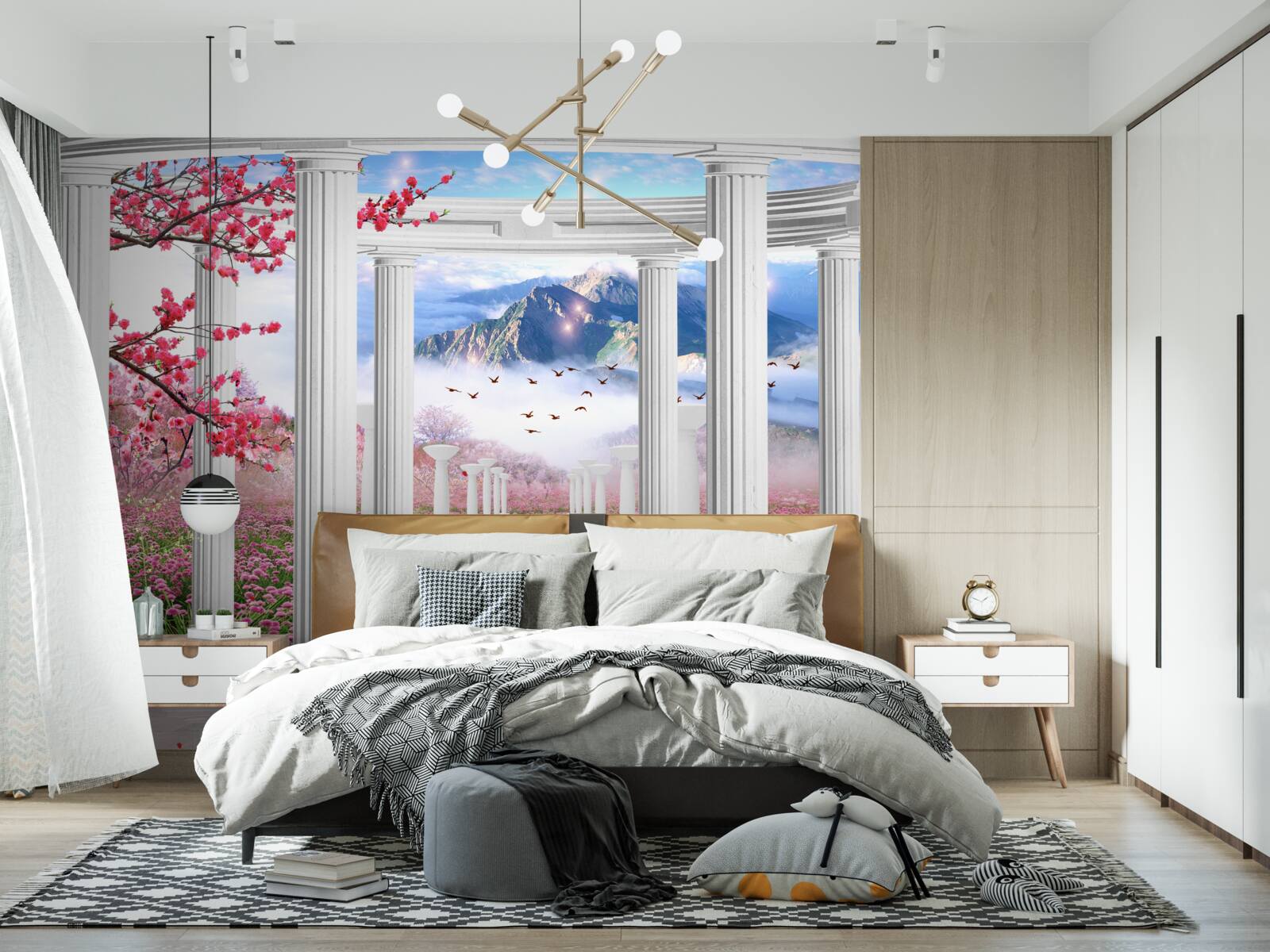 Papier peint jardin fleuri et belvédère blanc neige