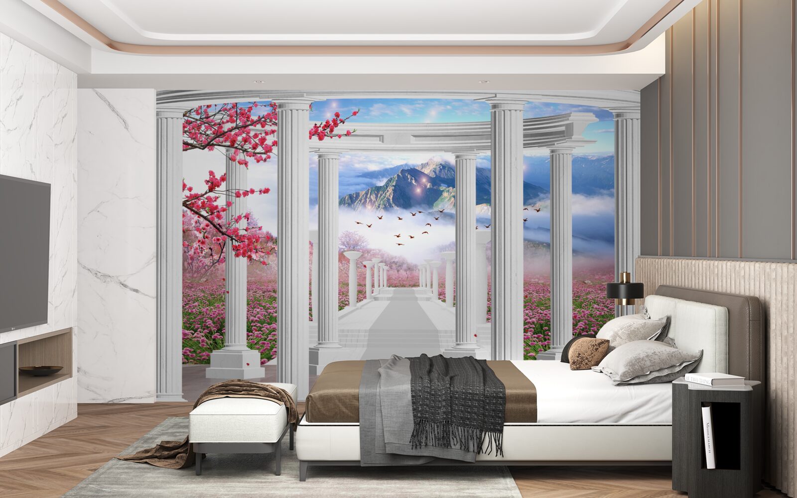 Papier peint jardin fleuri et belvédère blanc neige