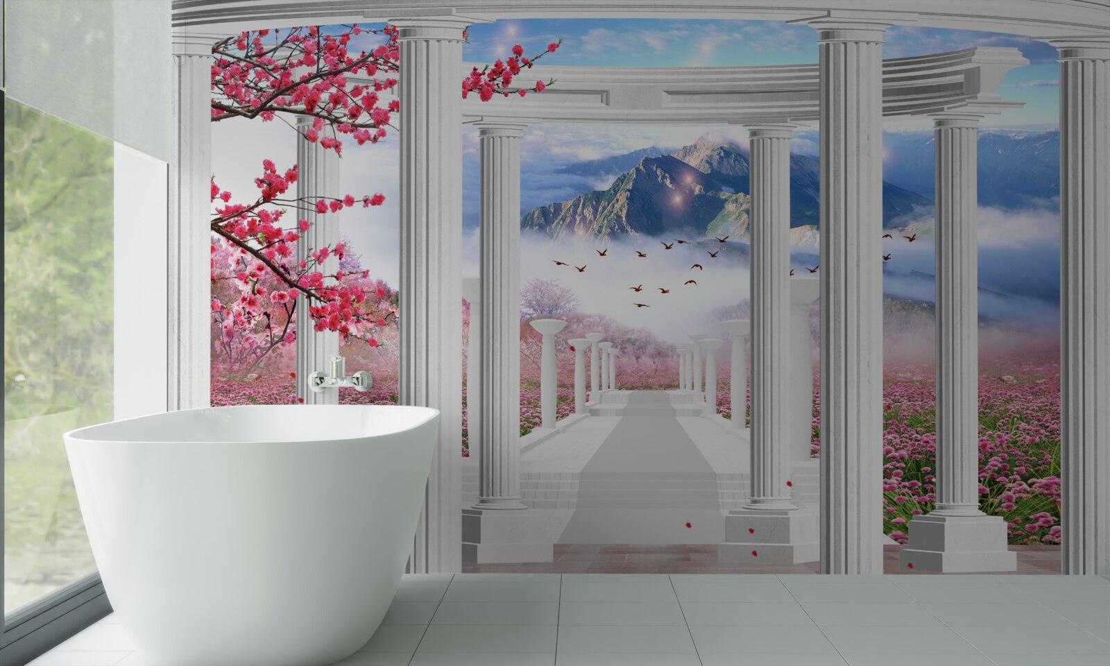 Papier peint jardin fleuri et belvédère blanc neige