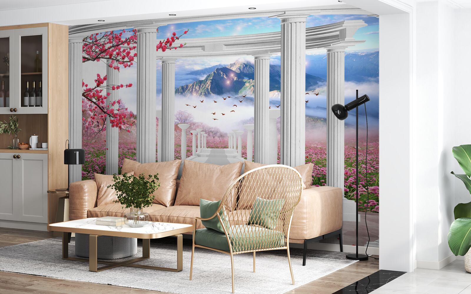 Papier peint jardin fleuri et belvédère blanc neige