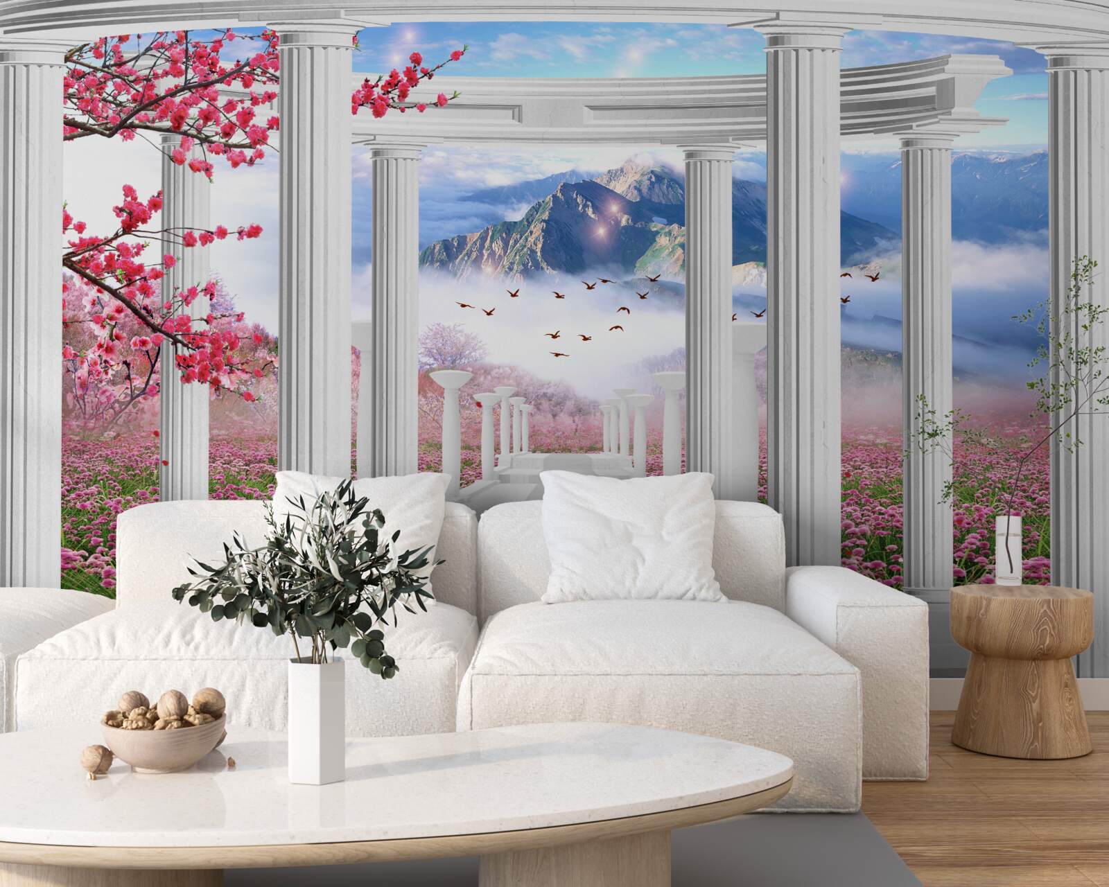 Papier peint jardin fleuri et belvédère blanc neige