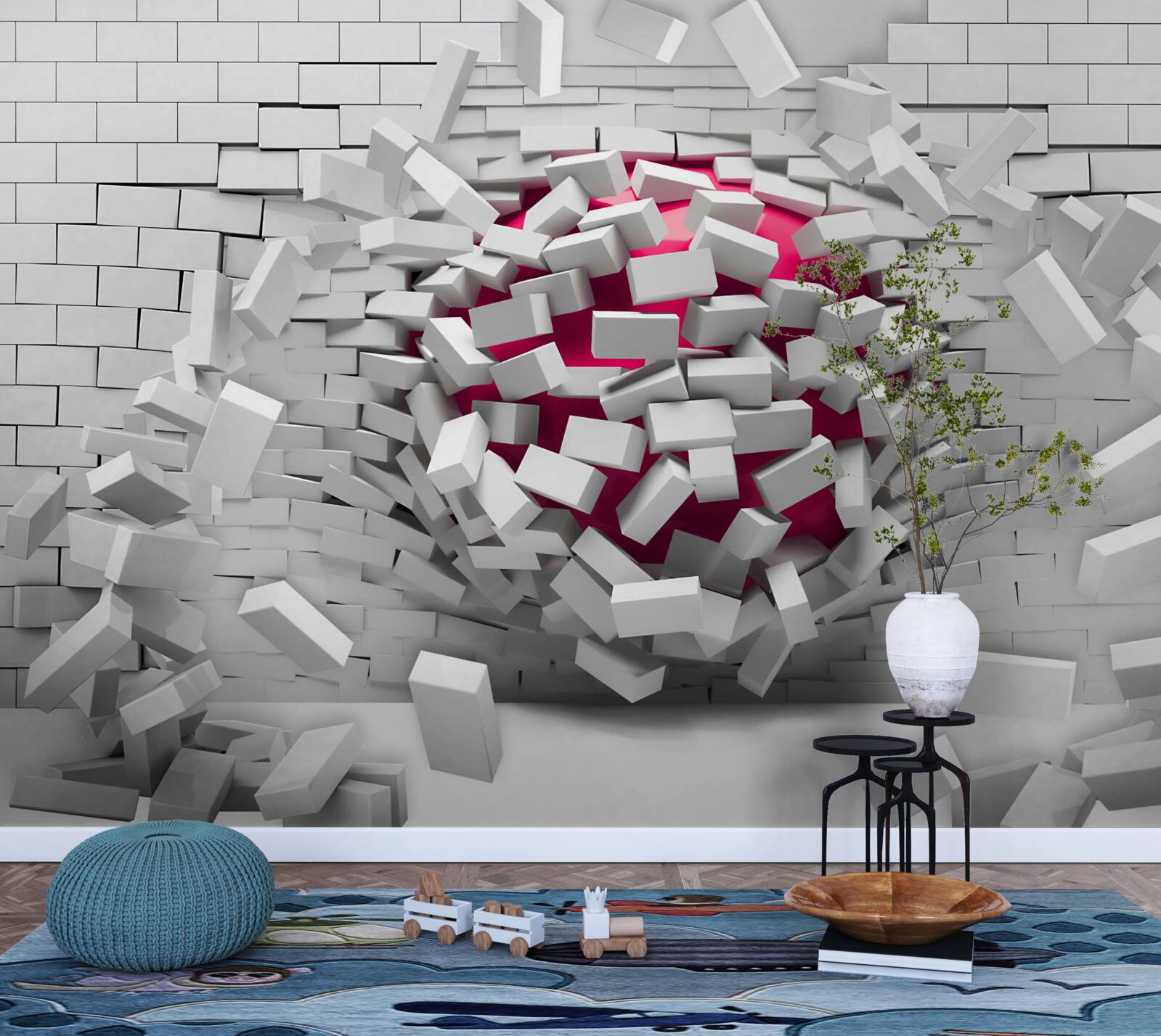 Papier peint La balle écarlate détruit un mur de briques