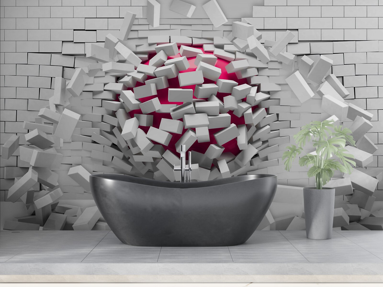 Papier peint La balle écarlate détruit un mur de briques