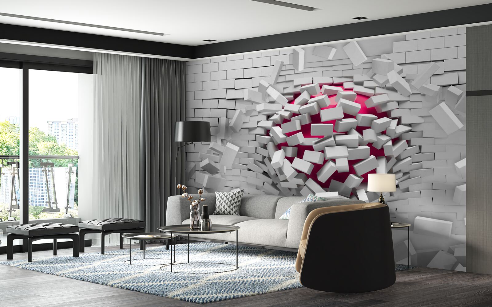 Papier peint La balle écarlate détruit un mur de briques