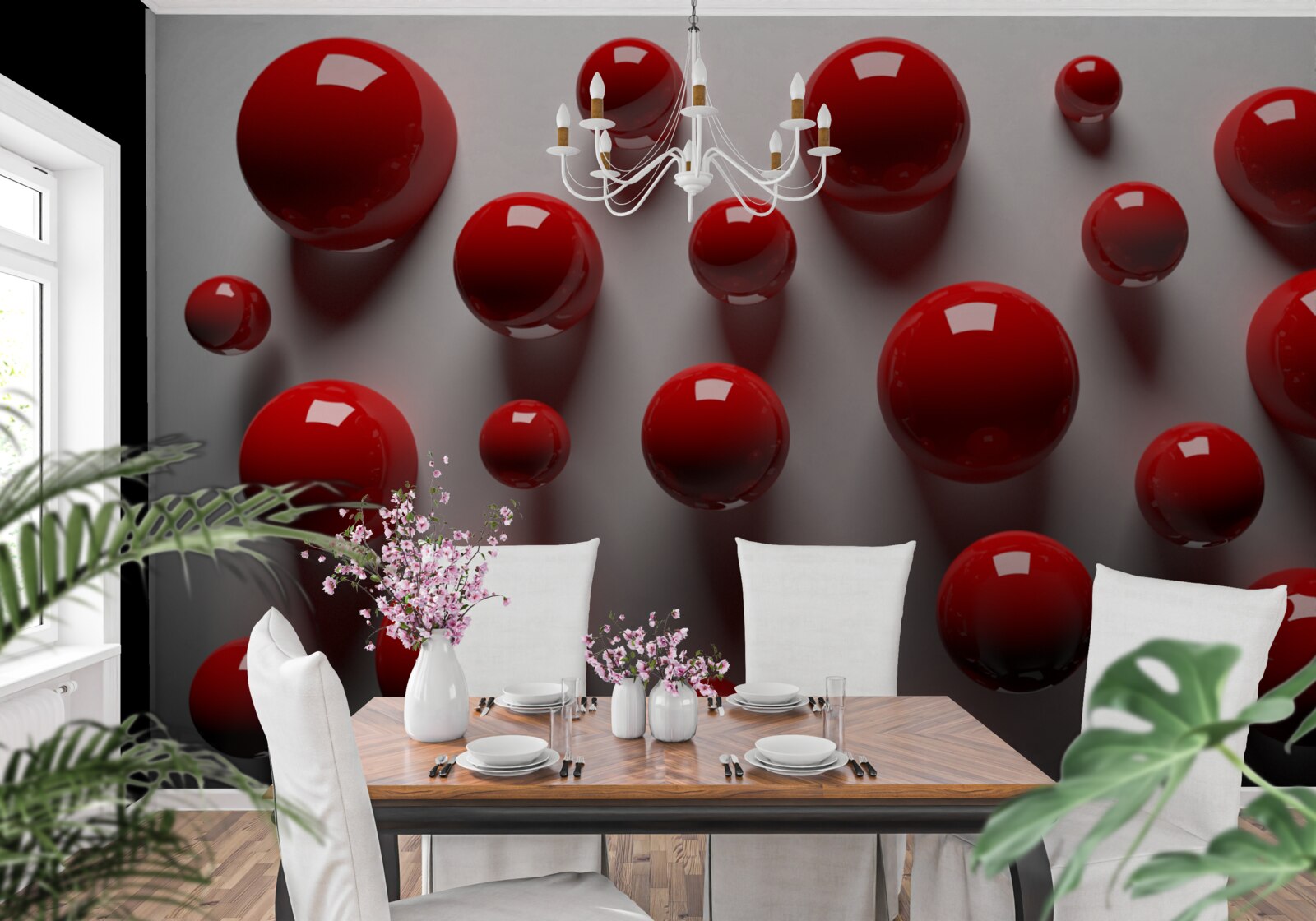 Papier peint boules rouges flottant sur un fond clair