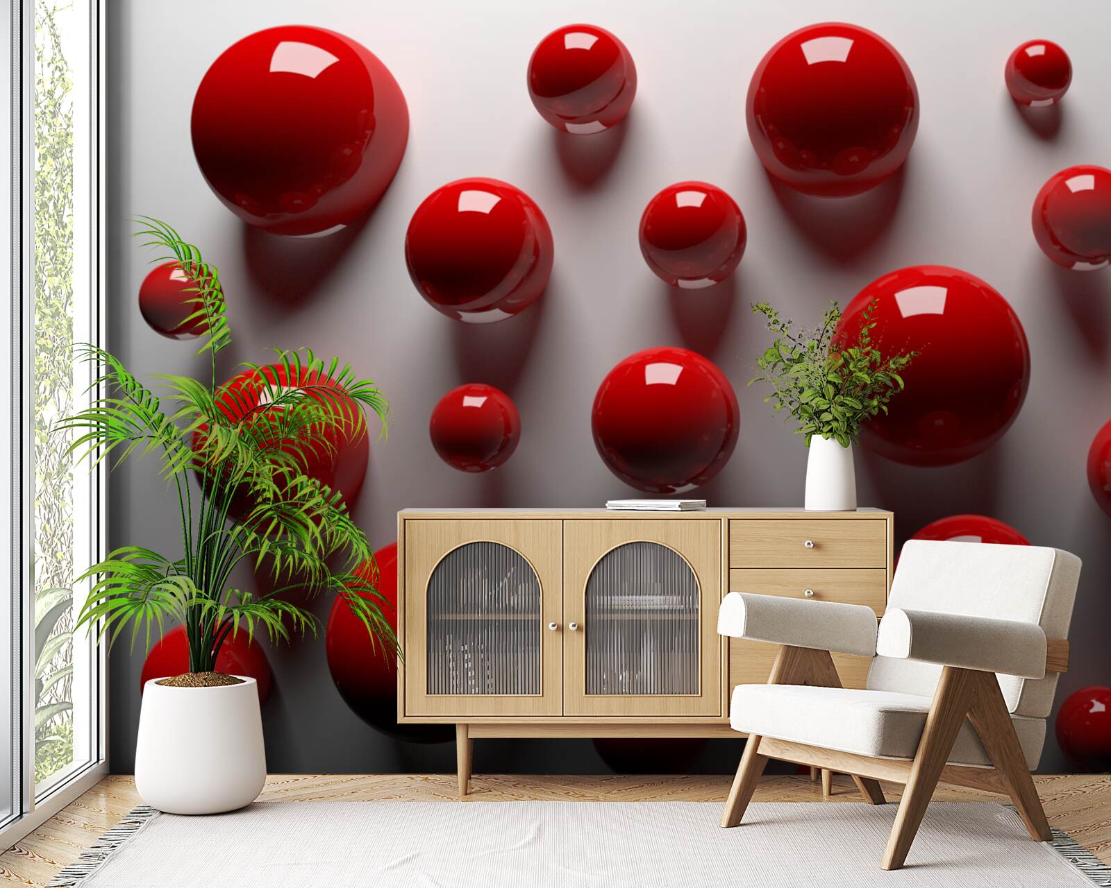 Papier peint boules rouges flottant sur un fond clair