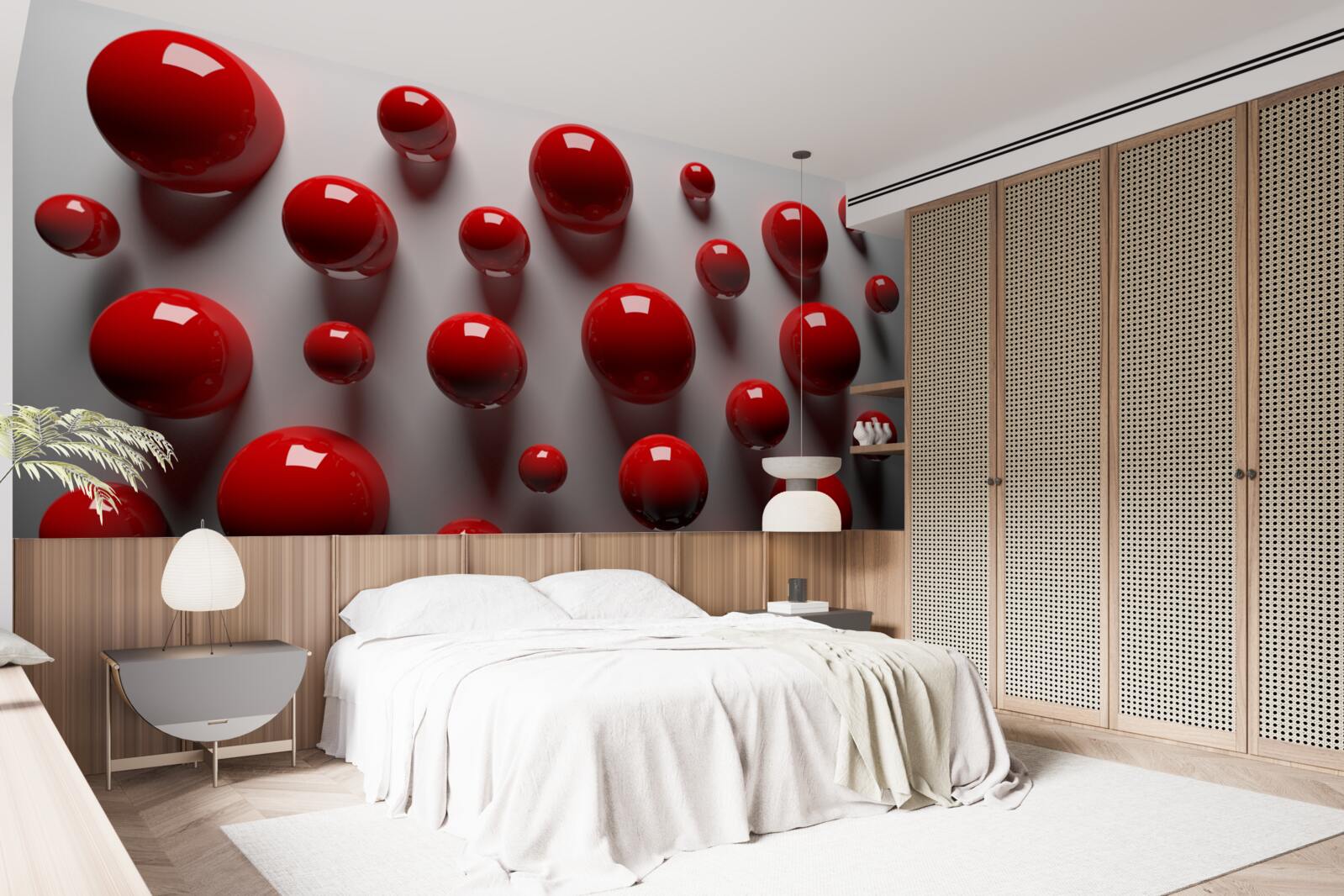 Papier peint boules rouges flottant sur un fond clair