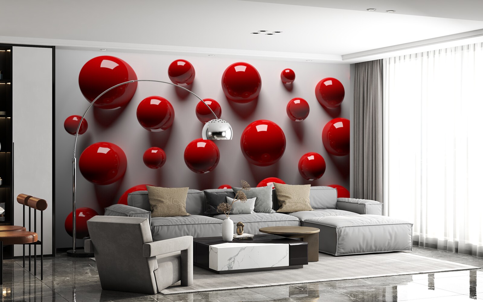 Papier peint boules rouges flottant sur un fond clair