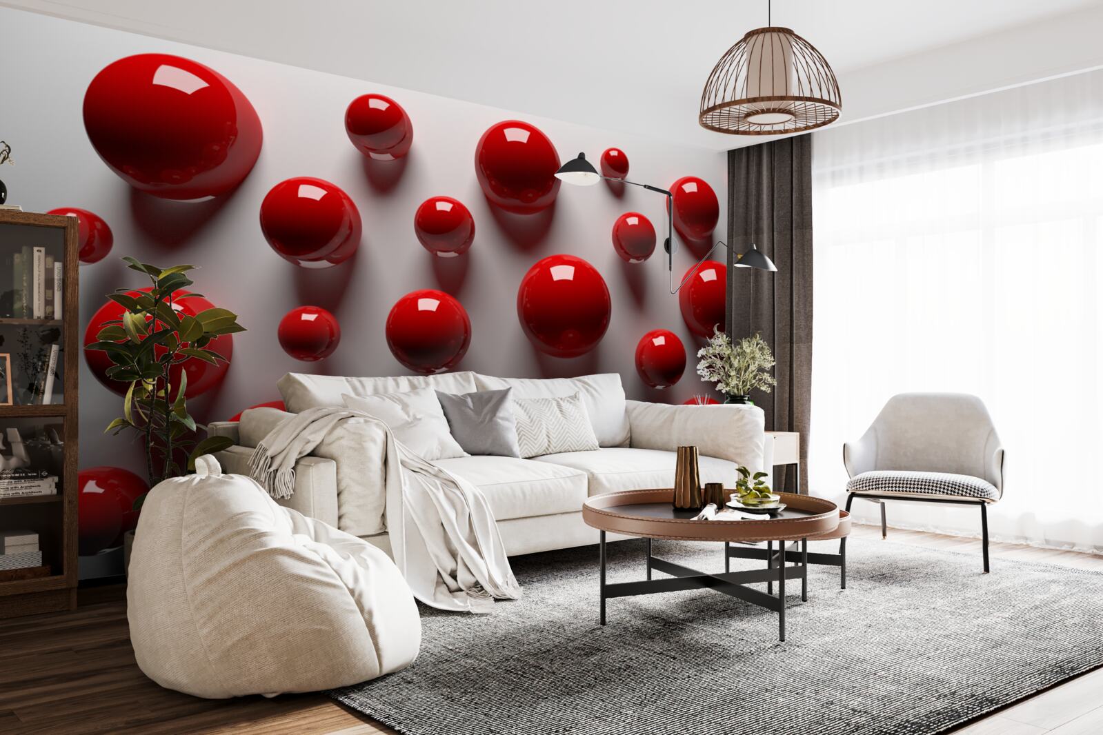 Papier peint boules rouges flottant sur un fond clair