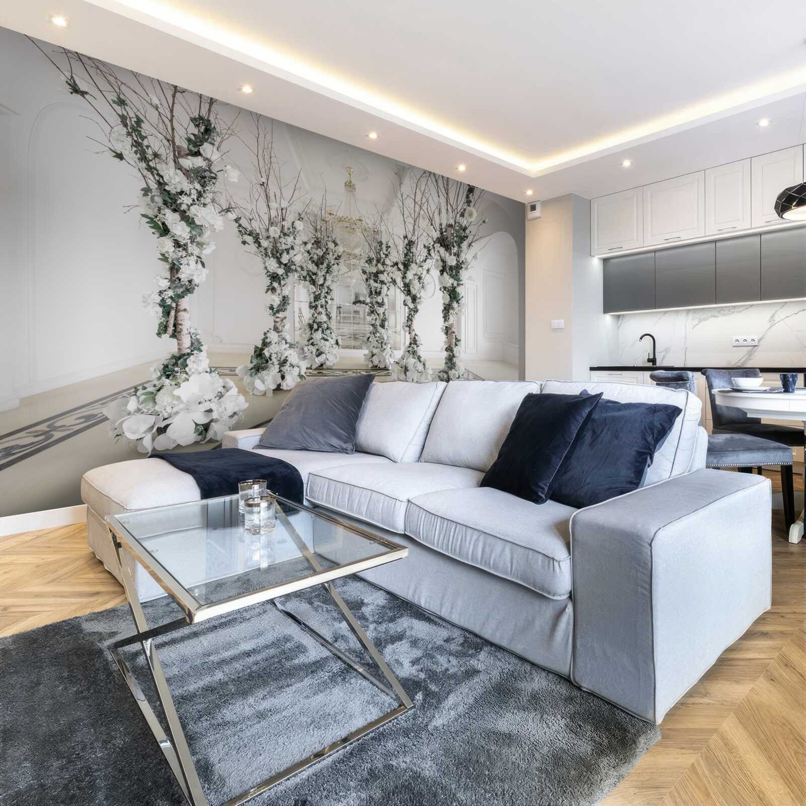 Papier peint dans une salle aux colonnes blanches