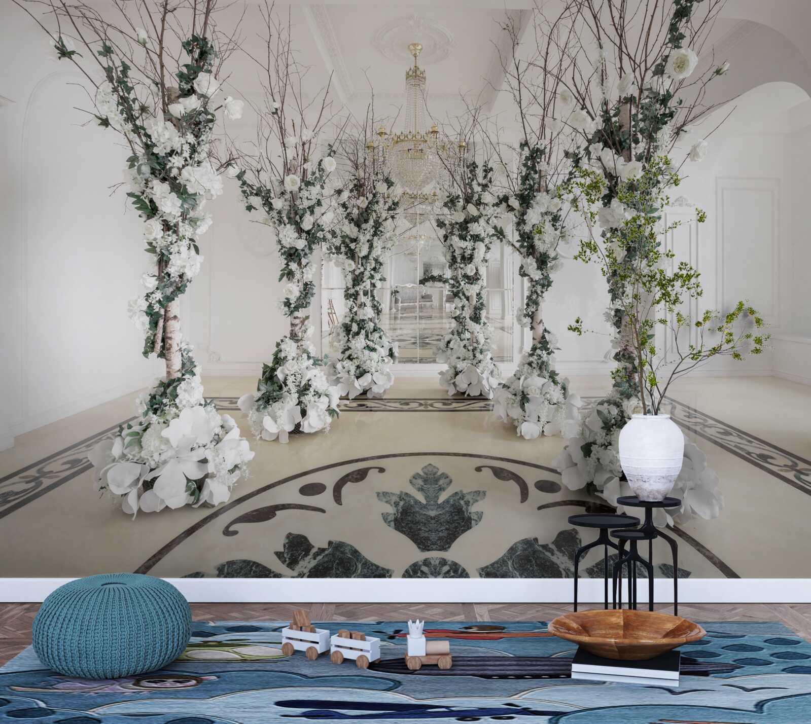 Papier peint dans une salle aux colonnes blanches