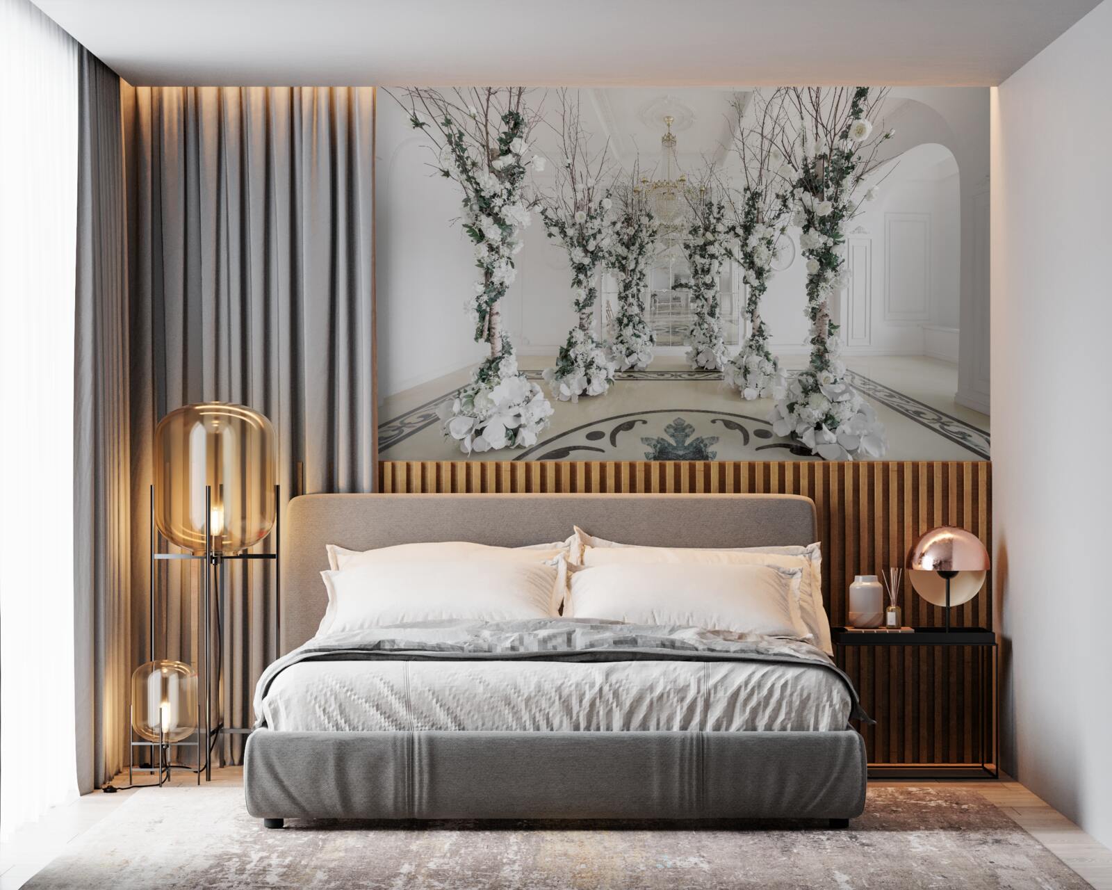 Papier peint dans une salle aux colonnes blanches