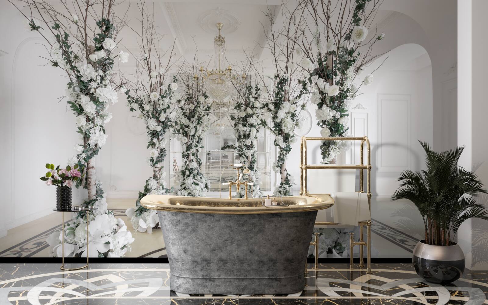 Papier peint dans une salle aux colonnes blanches