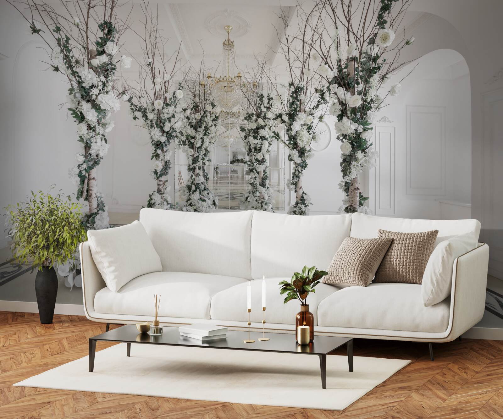 Papier peint dans une salle aux colonnes blanches