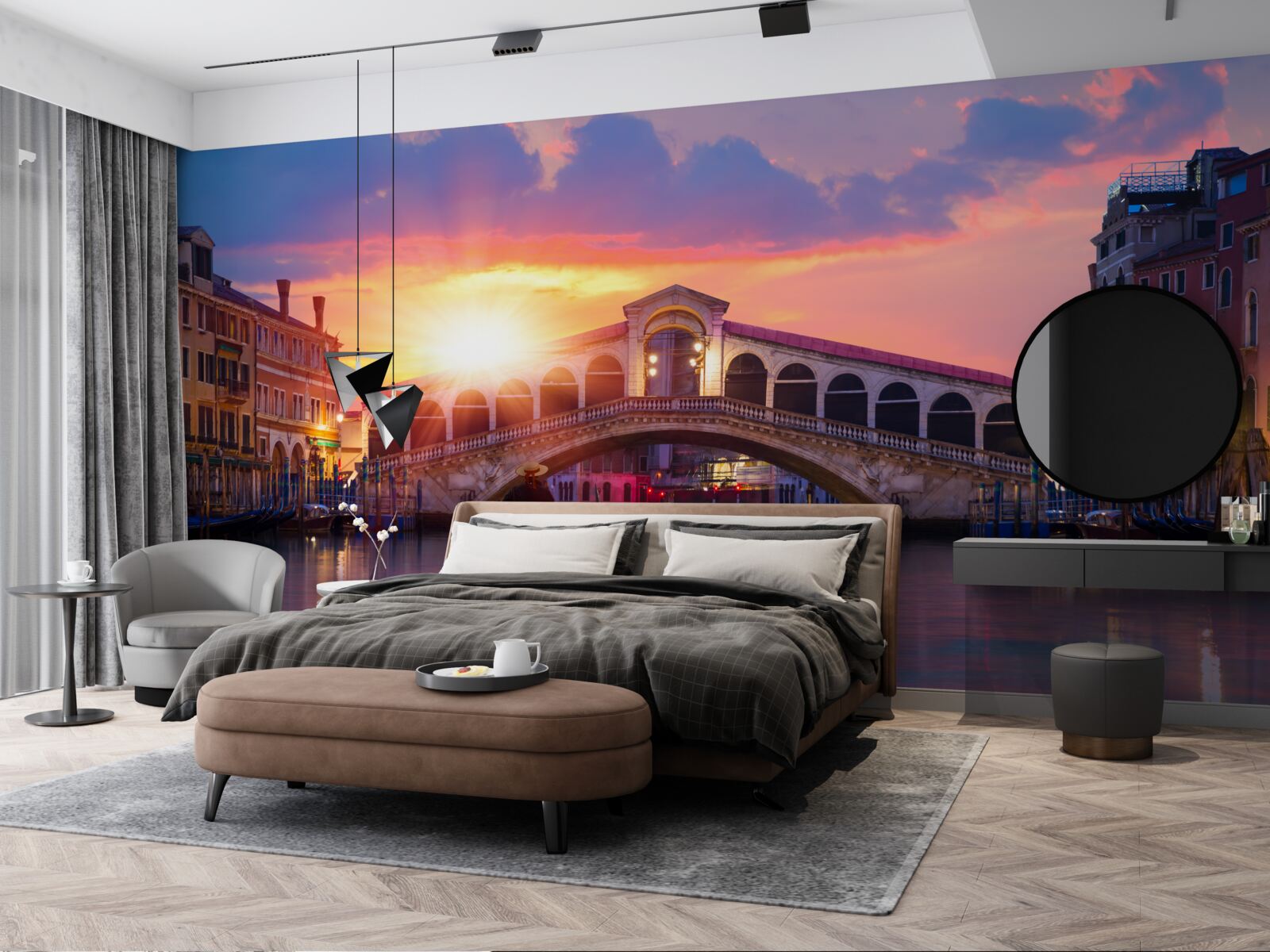 Papier peint le soleil disparaît derrière l'horizon à venise