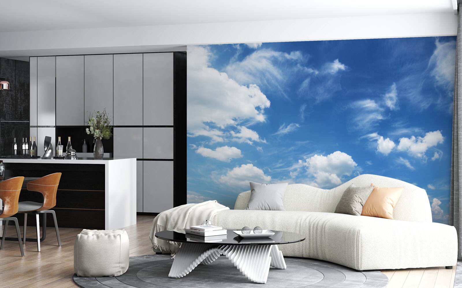 Papier peint ciel bleu clair avec des nuages blancs et floconneux