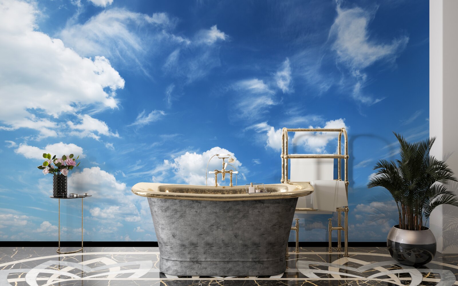 Papier peint ciel bleu clair avec des nuages blancs et floconneux