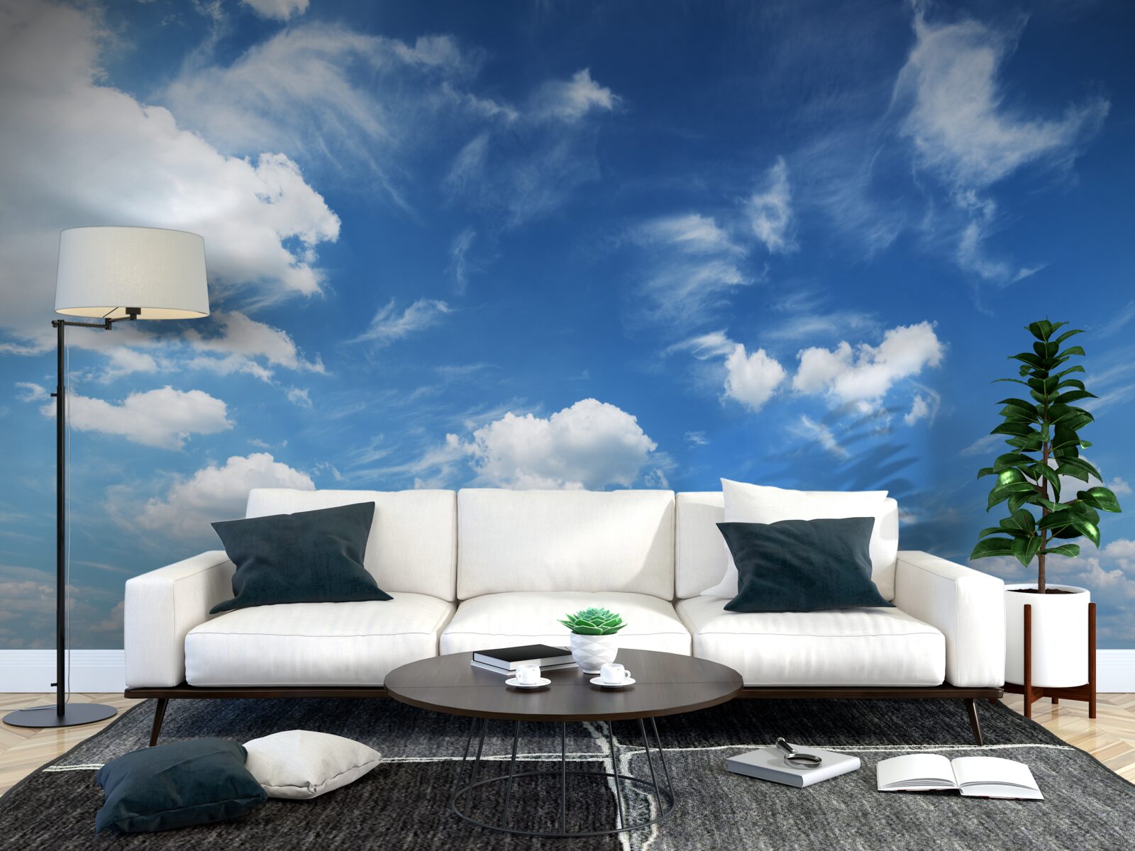 Papier peint ciel bleu clair avec des nuages blancs et floconneux