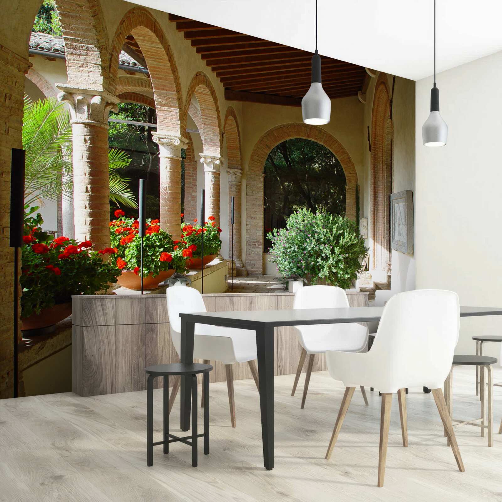 Papier peint arcs de pierre arrondis et fleurs en pot