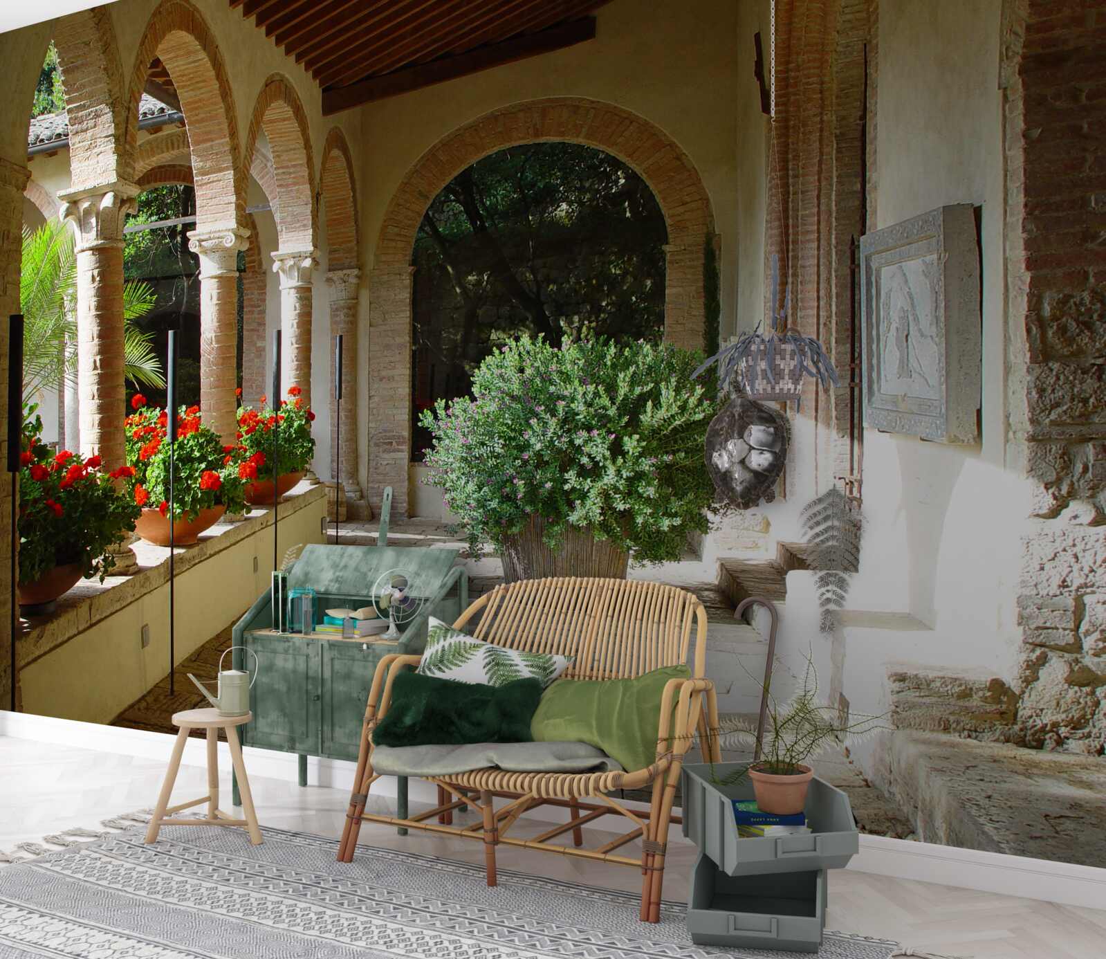 Papier peint arcs de pierre arrondis et fleurs en pot