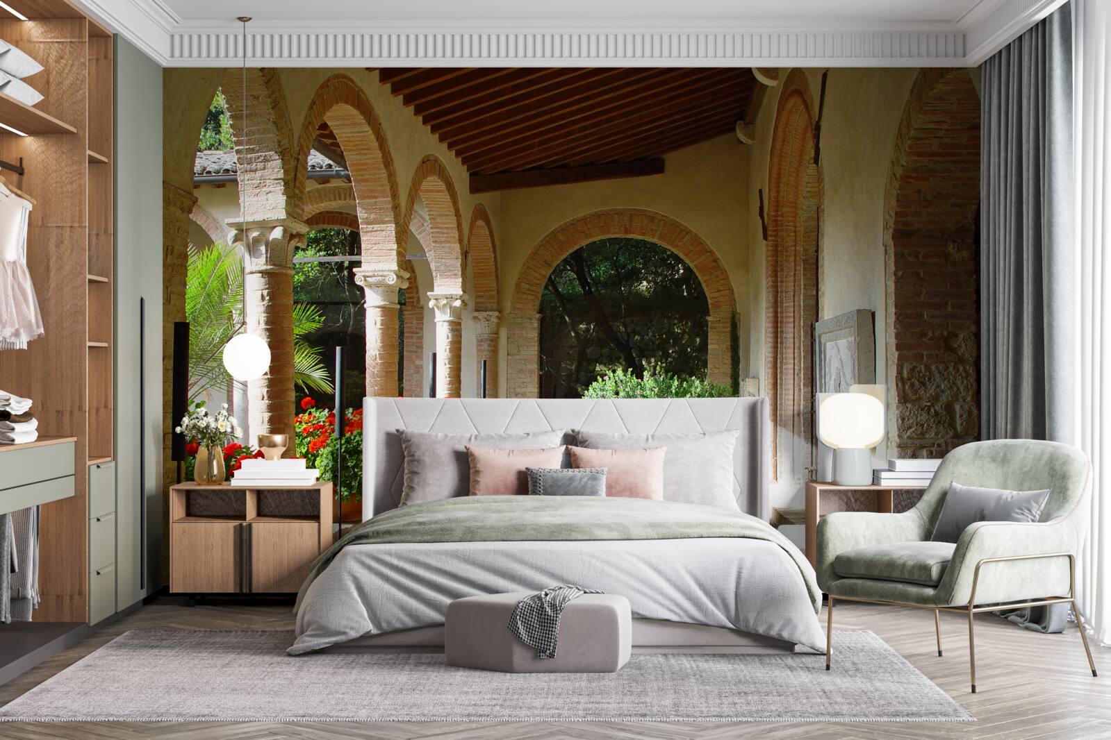 Papier peint arcs de pierre arrondis et fleurs en pot