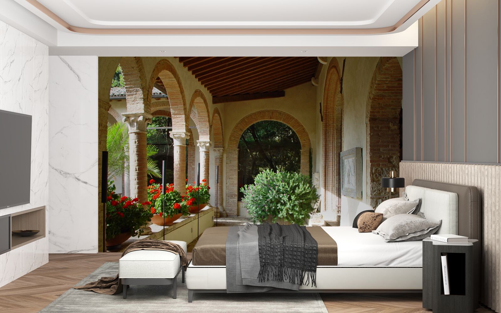 Papier peint arcs de pierre arrondis et fleurs en pot