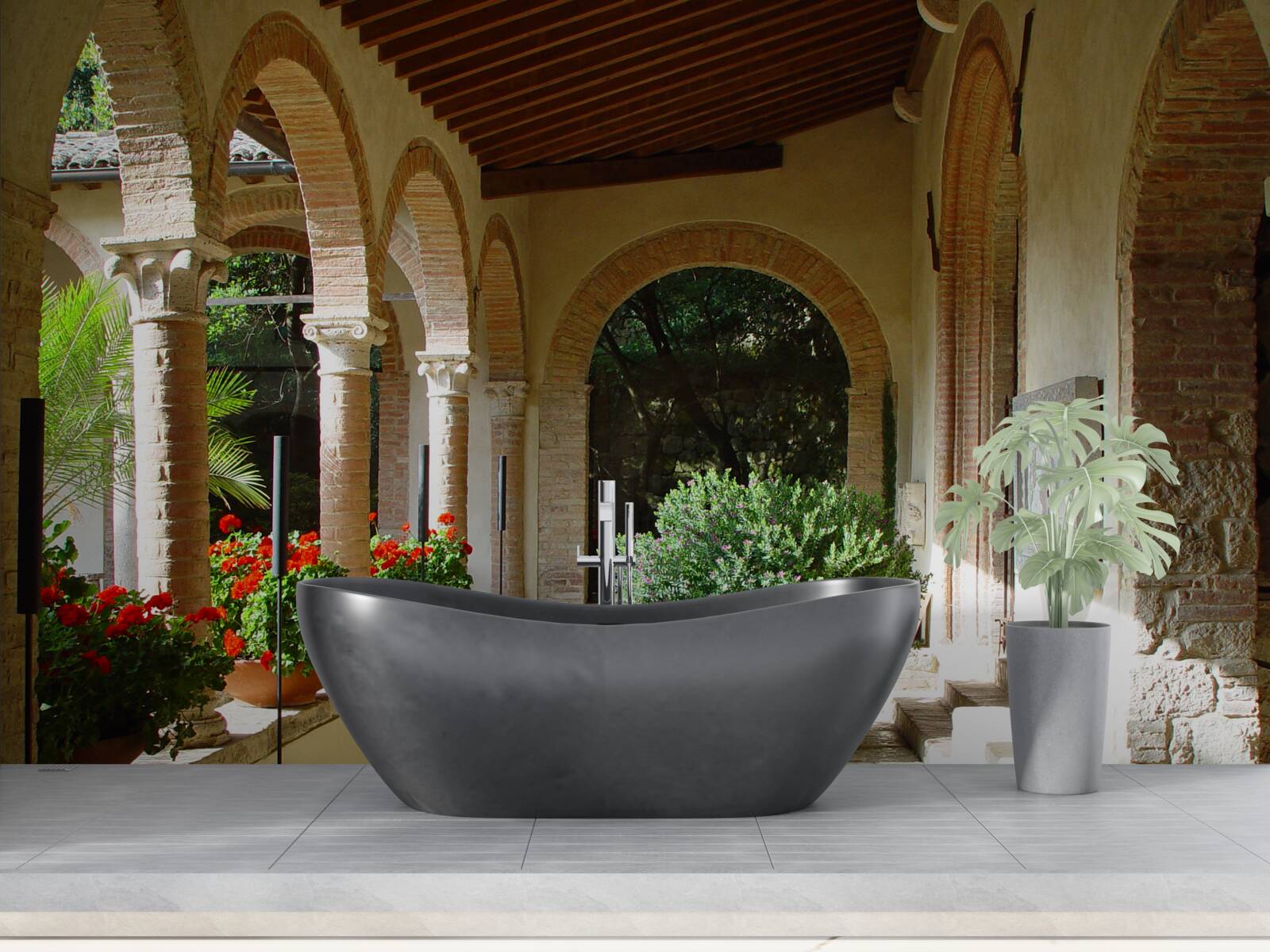 Papier peint arcs de pierre arrondis et fleurs en pot