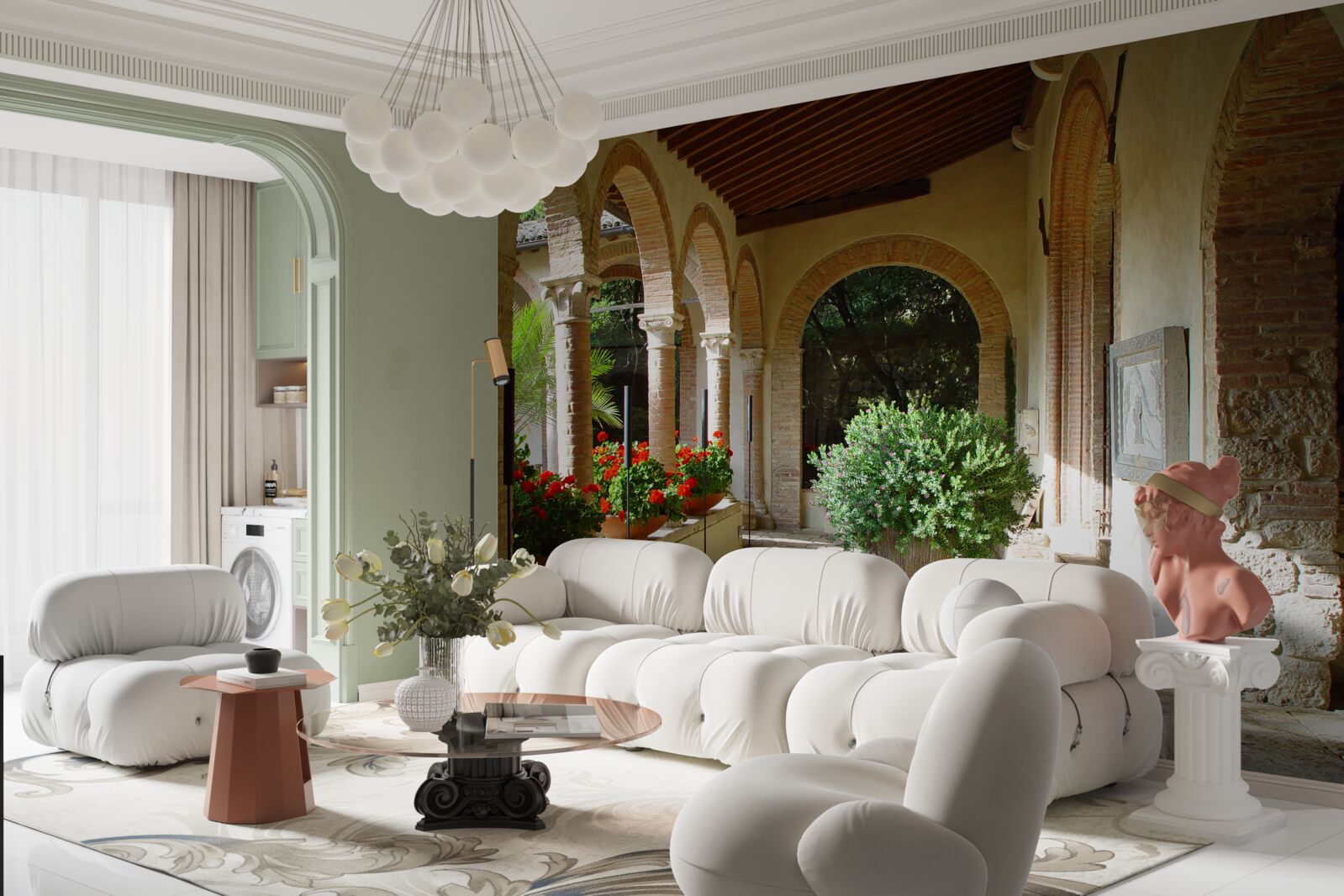 Papier peint arcs de pierre arrondis et fleurs en pot