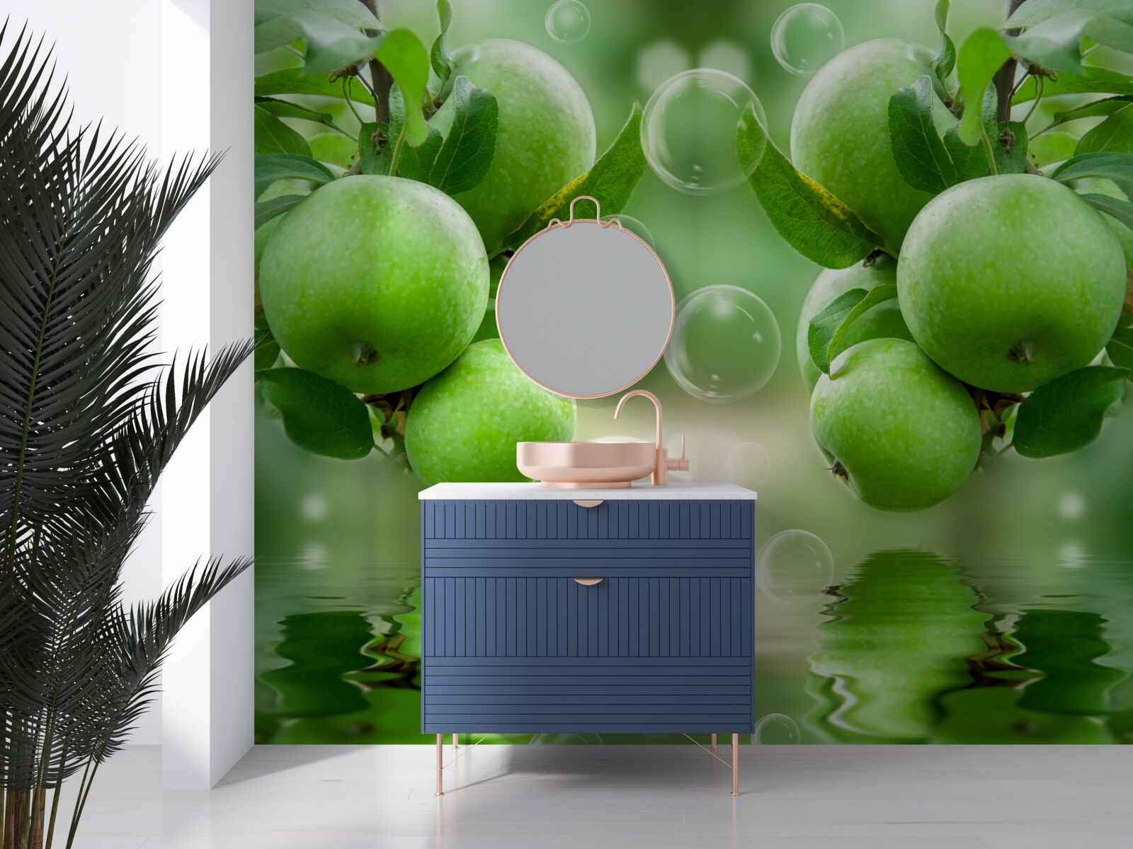 Papier peint pommes vertes juteuses reflet dans l'eau