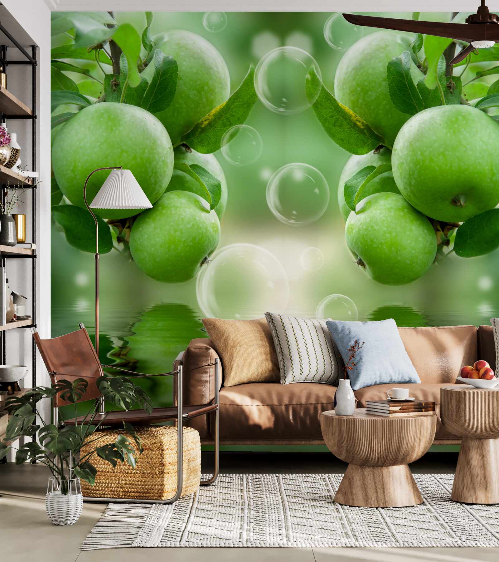 Papier peint pommes vertes juteuses reflet dans l'eau